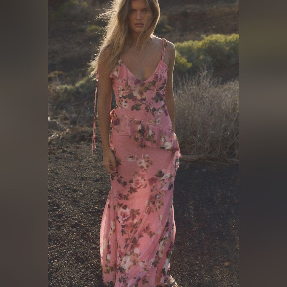 SET NWT ZARA PRINTED TULLE MAXI SKIRT AND TOP Pink Floral Size Small